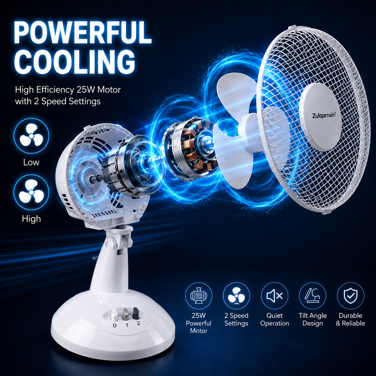 9 Inch Desk Fan with Oscillation and Tilt Angle Design with 2 Speed Settings