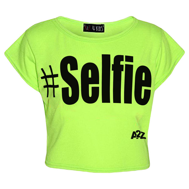 KIDS GIRLS NEW SEASON " # SELFIE " PRINTED CROP TOP T SHIRT 7 8 9 10 11 12 13 Yr