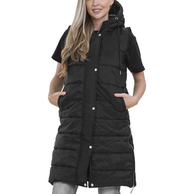 A2Z Ladies Adults Sleeveless Gilet Oversized Black Hooded Quilted Gilet Padded Long Line Vest Jacket Sleeveless Coat Urban Winter Wear