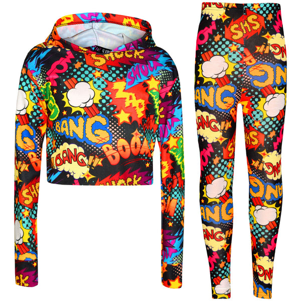 Kids Girls Wow Bang Boom Hooded Crop Top T Shirt Legging Lounge Wear Set 7-13 Yr