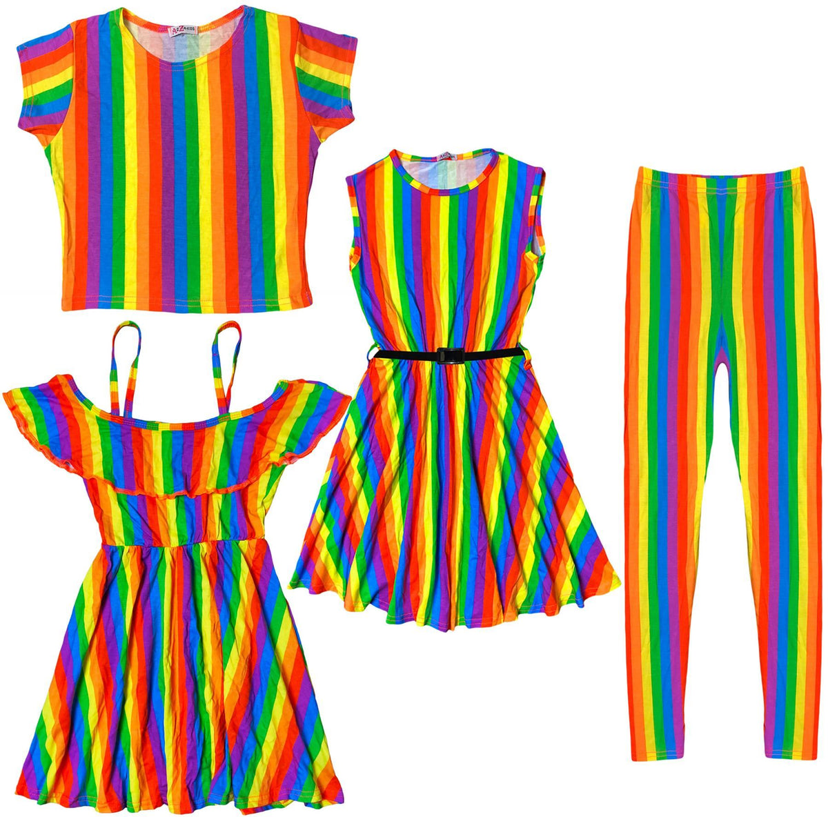 Girls Rainbow Clothing Crop Tops Skirts Dresses Jumpsuits Leggings Party Wear