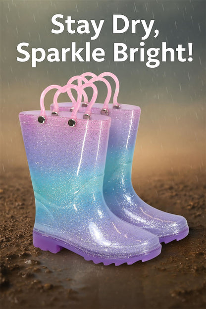 Kids Girls Glitter Rainbow Gradient Wellington Boots Heart Handle PVC Rain Boot