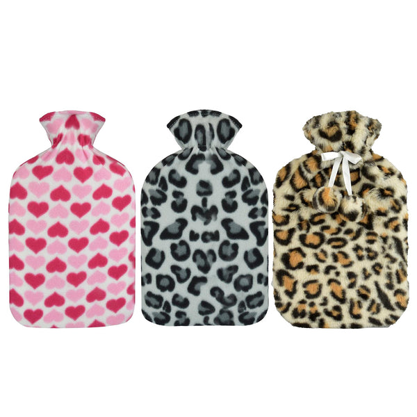A2Z Hot Water Bottle Leopard Hearts Fleece Cover 2 Liter Bottles Heat Therapy