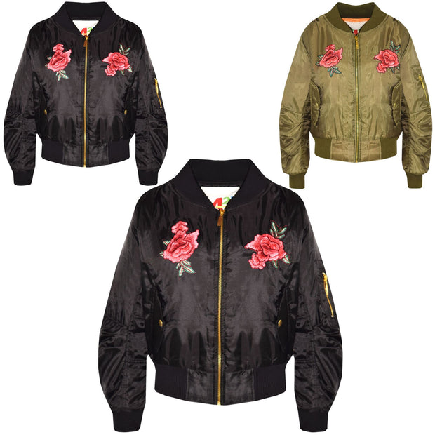 Girls Jacket Kids Roses Print Bomber Padded Zip Up Biker Jackets MA1 Coat 5-13 Y