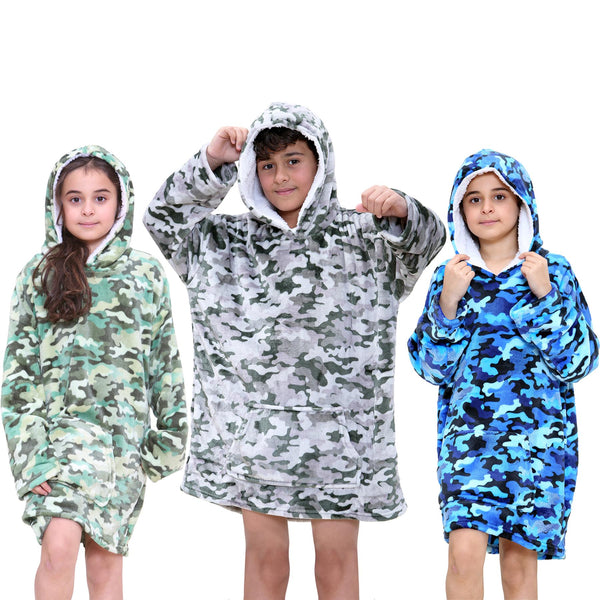 Kids Girls Boys Oversized Hoodie Snuggle Camoflage Super Soft Fleece Blanket