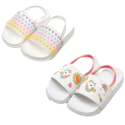 Girls EVA Sliders Heart & Unicorn Print Slip-On Summer Holiday Beach Pool Slides
