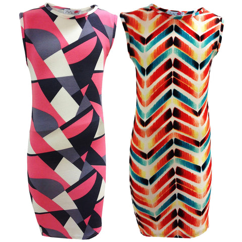 Girls Midi Dress Chevron & Abstract Print Sleeveless Midi Dress Top 7-13 Years