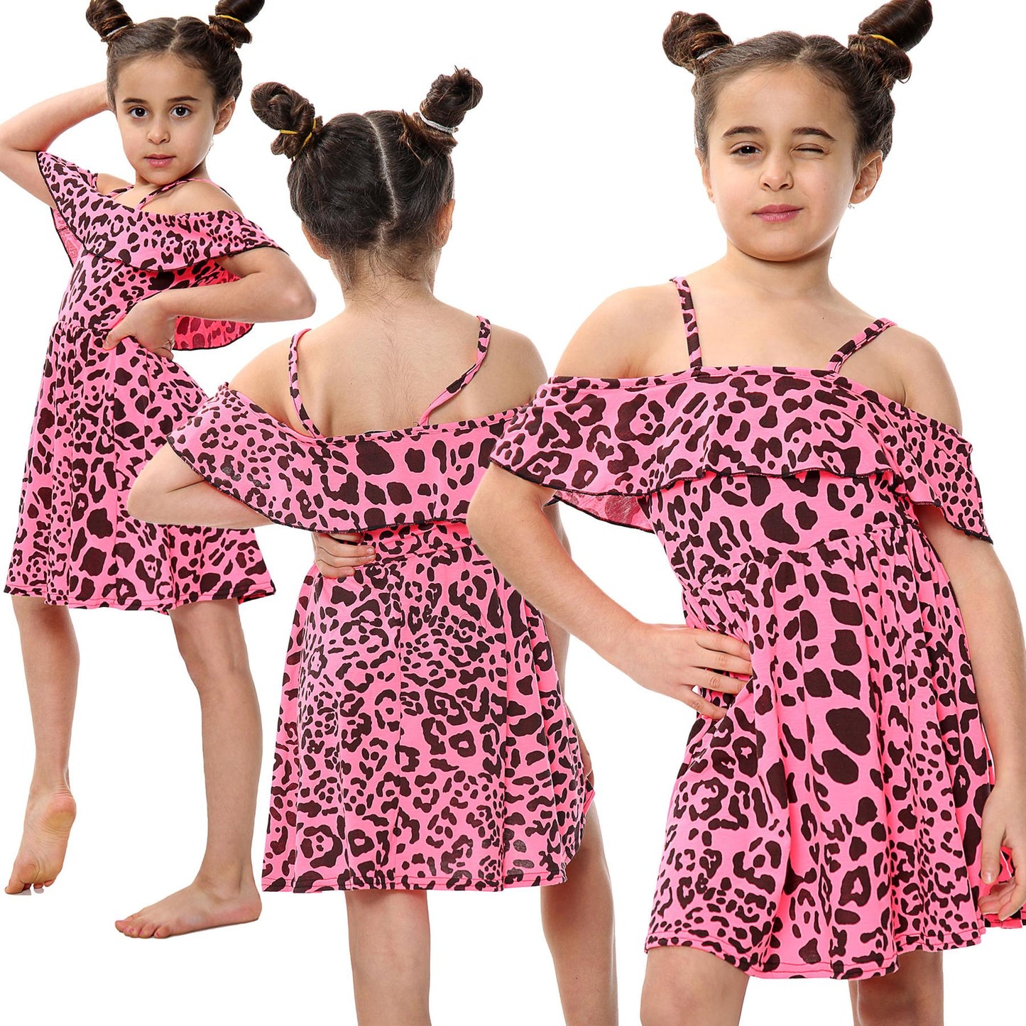 Kids Girls Skater Dress Leopard Print Summer Party Off Shoulder Dress 5-13 Years