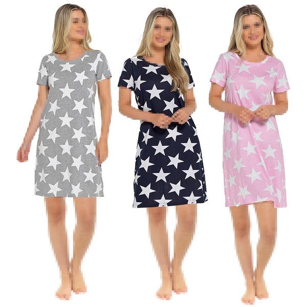 A2Z Ladies Short Sleeves Nightie Star Cotton Jersey Nightshirts Night Dress 8-22