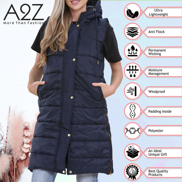 A2Z Ladies Adults Sleeveless Gilet Oversized Hooded Navy Quilted Gilet Padded Long Line Vest Jacket Sleeveless Coat Urban Winter Wear