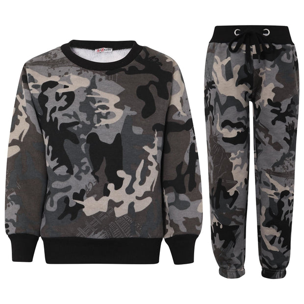 A2Z 4 Kids Camouflage Charcoal Tracksuit Jumper Sweatshirt Set with Jogger Bottoms PE School Sports Activewear Set Girls Boys Children Age 2-13 years