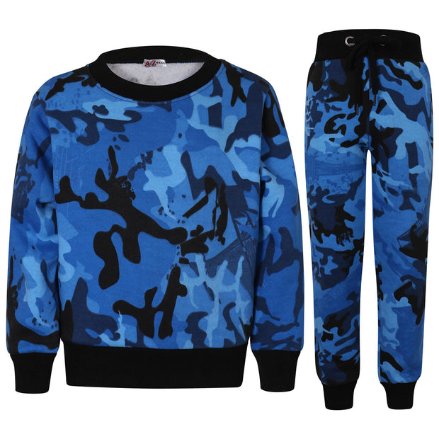 A2Z 4 Kids Camouflage Blue Tracksuit Jumper Sweatshirt Set with Jogger Bottoms PE School Sports Activewear Set Girls Boys Children Age 3-13 years