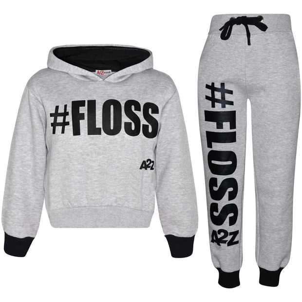 A2Z 4 Kids Girls Tracksuit Designer's #Floss Print Fleece Grey Hooded Crop Top Bottom Jogging Suit Joggers Age 5 6 7 8 9 10 11 12 13 Years