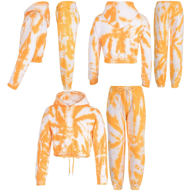 Kids Tie Dye Tracksuit Gym Cropped Hoodie Sweatpants Cord Set Girls Age 5-13