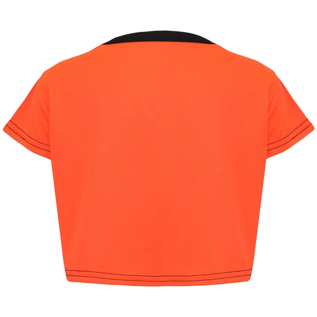 A2Z 4 Kids Black and Neon Orange Crop Top and Shorts Set Contrast Colour Short Sleeves T Shirt Summer Outfit 2 Piece Activewear Girls Boys Age 5-13 years