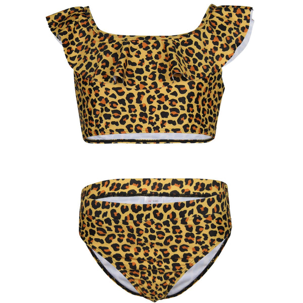Kids Girls Swimwear Bikini Two Piece Leopard Swimming Suit Ruffle Plunge Outfit