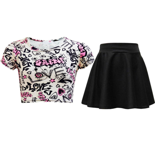 A2Z 4 Kids Girls Love Graffiti Scribble Print Crop Top & Black Skater Skirt Set Age 7 8 9 10 11 12 13 Years - A2Z 4 Kids