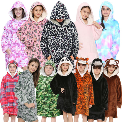 Kids Girls Boys Oversized Hoodie Blue Tartan Printed Snuggle Soft Fleece Blanket