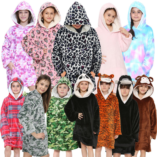 Kids Girls Boys Oversized Hoodie Blue Tartan Printed Snuggle Soft Fleece Blanket