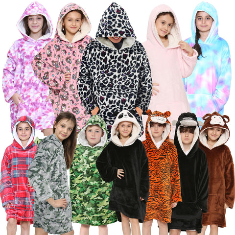 Kids Girls Boys Oversized Hoodie Blue Tartan Printed Snuggle Soft Fleece Blanket