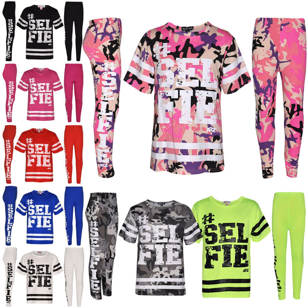Girls Top Kids Designer's #Selfie Fashion T Shirt Top & Legging Set 7-13 Years
