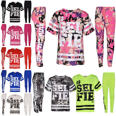 Girls Top Kids Designer's #Selfie Fashion T Shirt Top & Legging Set 7-13 Years