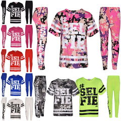 Girls Top Kids Designer's #Selfie Fashion T Shirt Top & Legging Set 7-13 Years