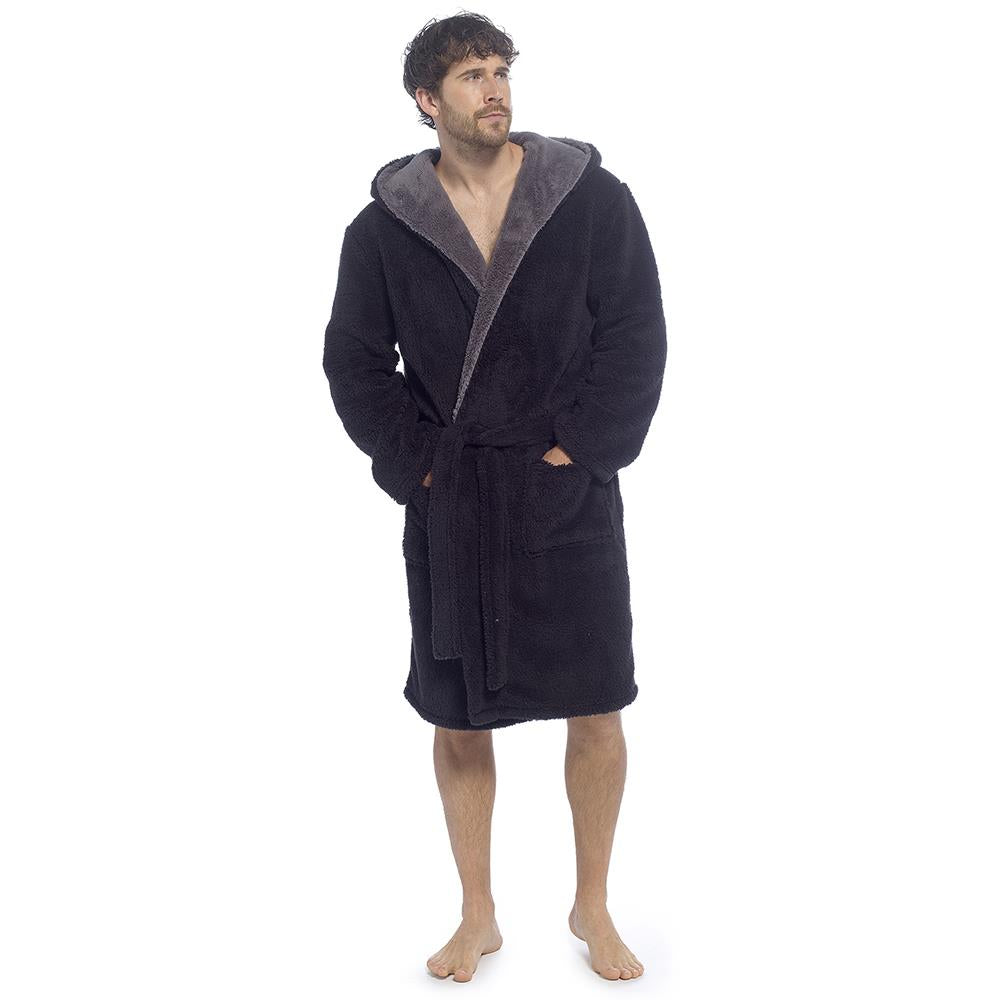 A2Z Mens Sherpa Fleece Hooded Robe Soft Warm Fluffy Bathrobe Cosy Loungewear