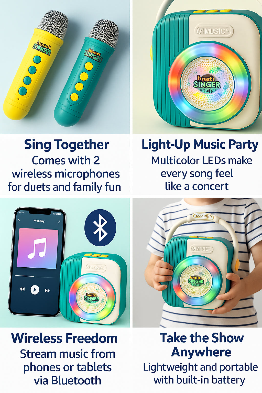 A2Z 4 Kids Bluetooth Karaoke Machine with 2 Wireless Mics & Rechargeable Speaker