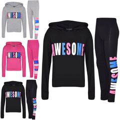 Girls Tops Kids Awesome Print Hooded T Shirt Top Legging Lounge Wear Set 7-13 Yr