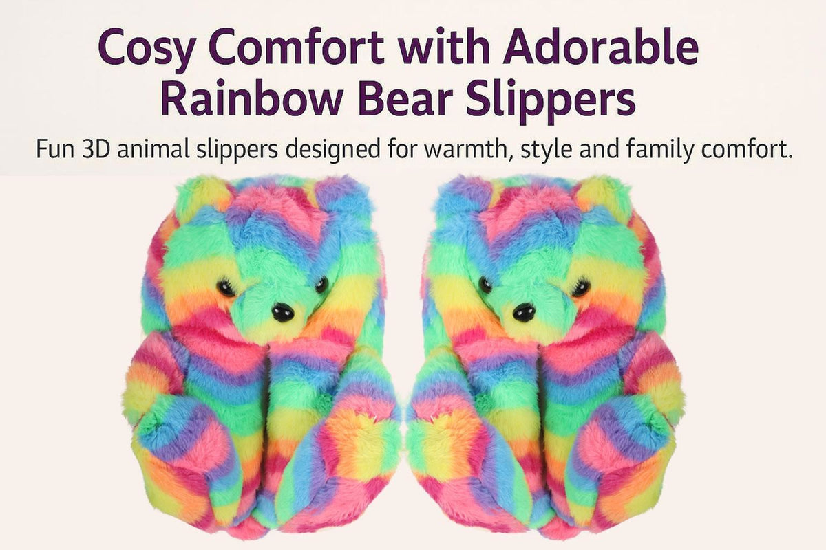 Kids Girls Womens 3D Rainbow Bear Slippers Cute Animal Face Soft Plush Warm Shoe