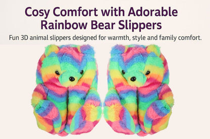 Kids Girls Womens 3D Rainbow Bear Slippers Cute Animal Face Soft Plush Warm Shoe