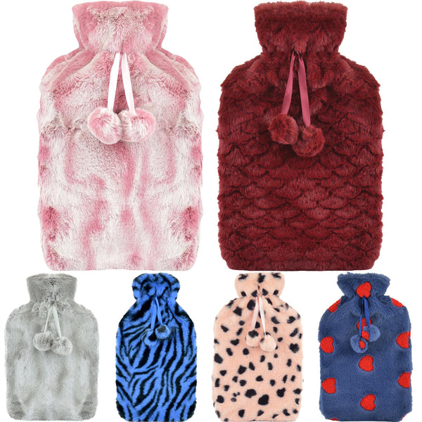 A2Z Hot Water Bottle 2 Litre Plush Faux Fur Fleece Cover Rubber Hot Water Bag