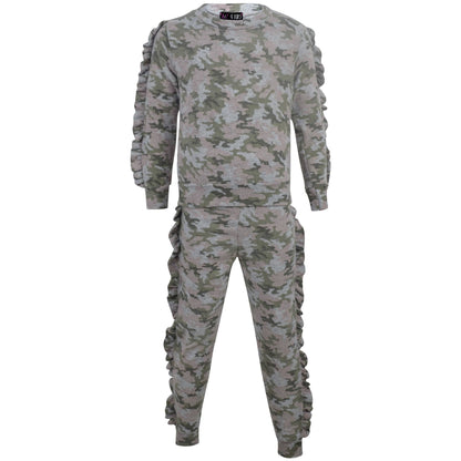 Kids Jogging Suit Girls Plain Frill Sleeve Lounge Suit Tracksuit Top Bottom 2-13