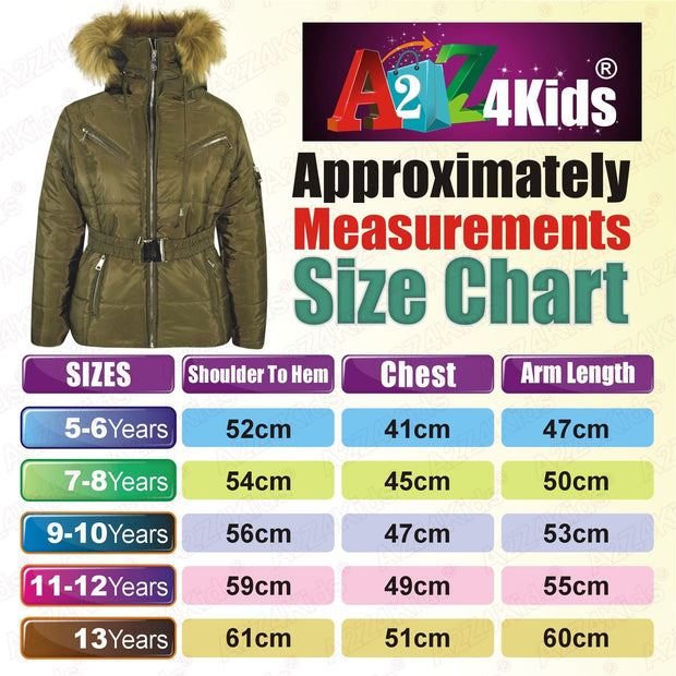 A2Z 4 Kids Kids Girls Jackets Olive Puffer Hooded Stylish Detachable Faux Fur Padded Zipped Belted Slim Fit Warm Coats New Age 5 6 7 8 9 10 11 12 13 Years