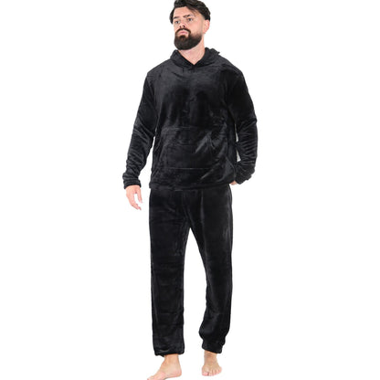 Mens Pyjamas Soft Warm Fleece Adults Hooded Pyjamas 2 Piece Gift Set For Mens
