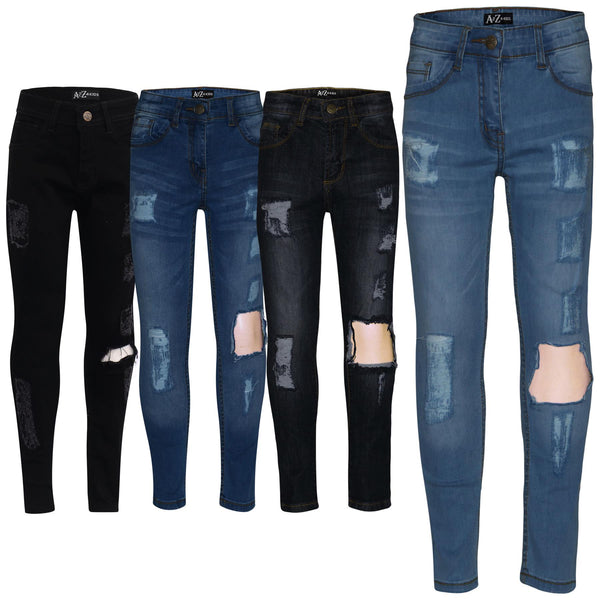 Kids Girls Stretchy Jeans Denim Ripped Faded Skinny Fashion Frayed Pant Jeggings
