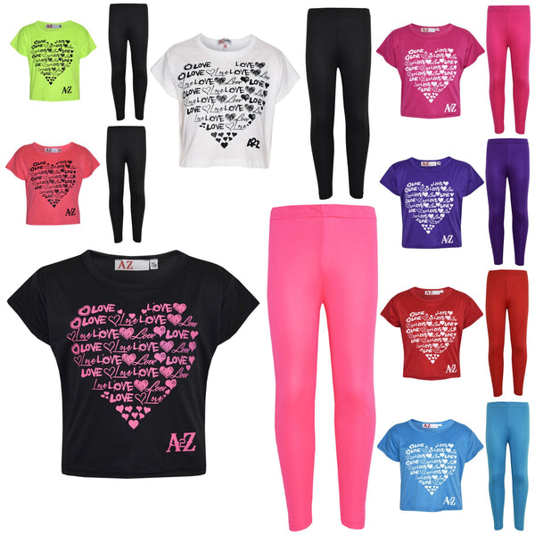 Girls Top Kids Love Print Stylish Crop Top & Fashion Legging Set Age 7-13 Years