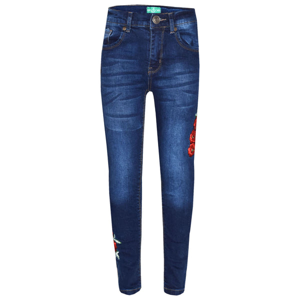Girls Stretchy Jeans Kids Roses Print Denim Pants Trousers Jeggings 5-13 Years