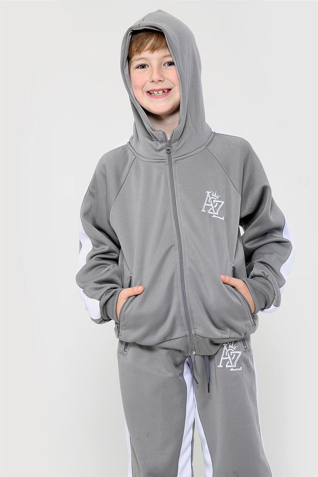 A2Z 4 Kids Girls Boys Tracksuit Designer's A2Z Embroidered Steel Grey Contrast Panelled Fleece Hooded Hoodie Top Bottom Running Jogging Workout Gym Suit Joggers Age 5 6 7 8 9 10 11 12 13 Years