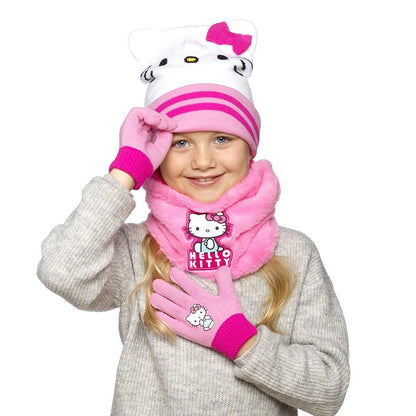 Hello Kitty Girls Hat Gloves Snood Set Pink Winter Neck Warmer Kids One Size