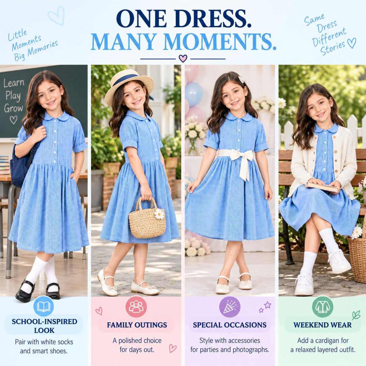Girls School Gingham Dress Soft Fabric Check Print Front Button Closure Dress