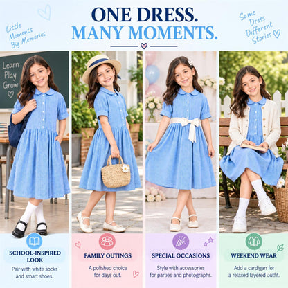 Girls School Gingham Dress Soft Fabric Check Print Front Button Closure Dress