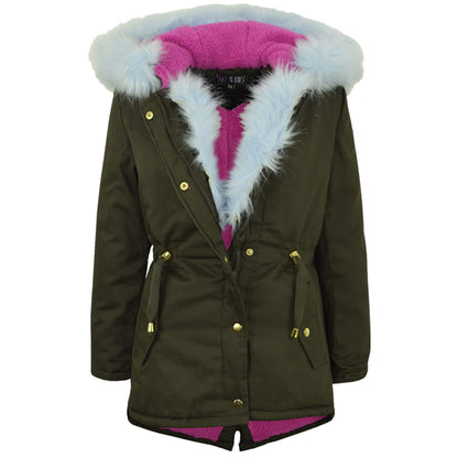 Kids Hooded Jacket Girls Fur Parka School Jackets Outwear Coat 5-13 Years