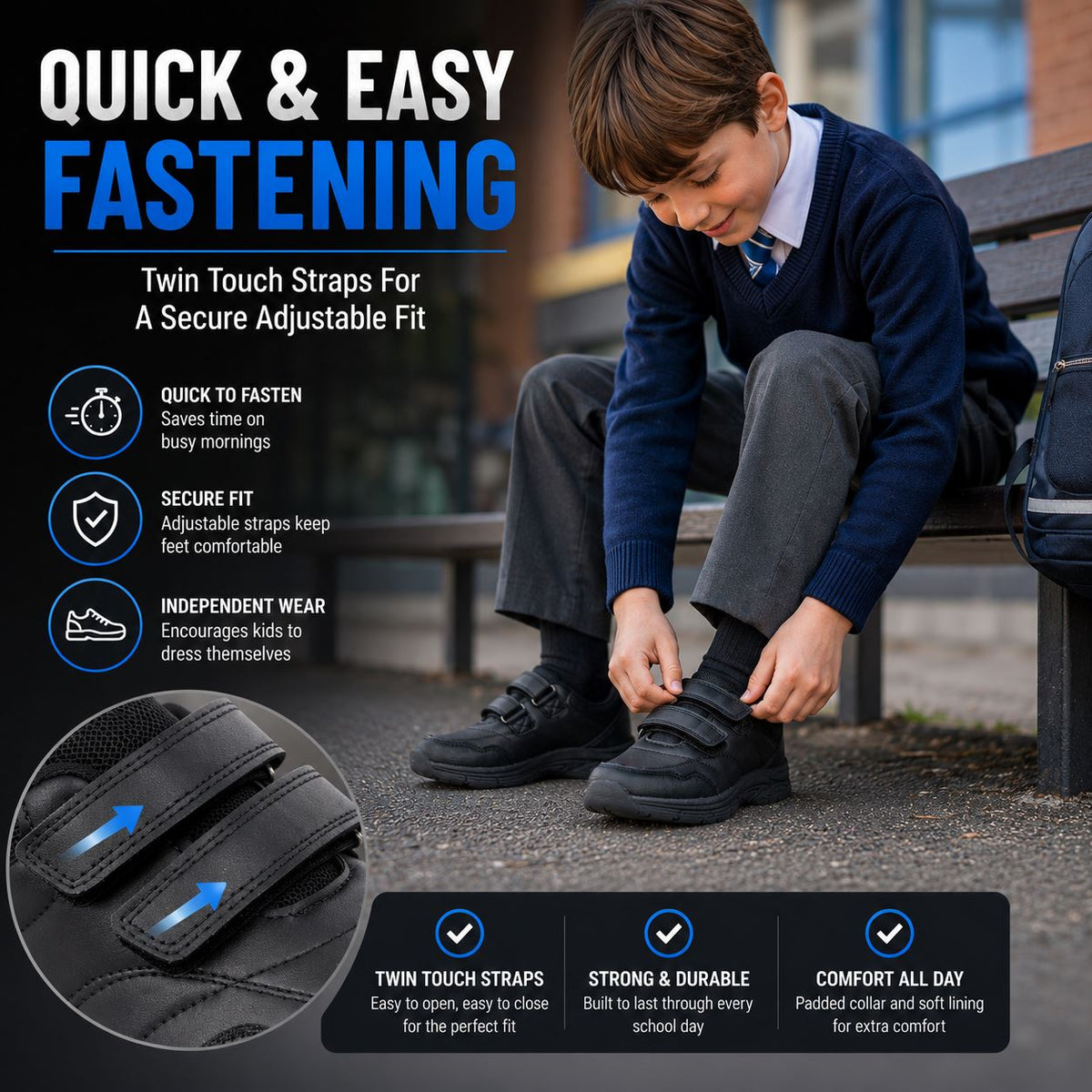 Kids Phantom Boys School Shoes Twin Touch Fastening Black School Uniform Shoes