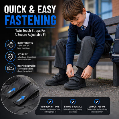 Kids Phantom Boys School Shoes Twin Touch Fastening Black School Uniform Shoes