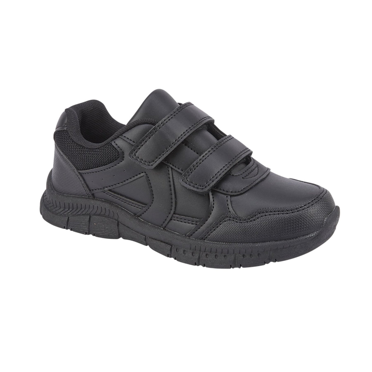 Kids Boys School Shoes Black Twin Strap Touch Fastening Trainers PU Grip Sole