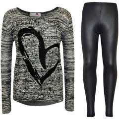 Kids Girls HEART Printed Trendy Top & Stylish Fashion Legging Set Age 7-13 Years