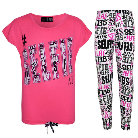 Kids Girls #Selfie T Shirt Top & Fashion Selfie Graffiti Legging Set 7-13 Years
