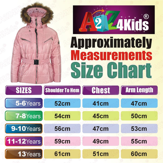 A2Z 4 Kids Kids Girls Jackets Baby Pink Puffer Hooded Stylish Detachable Faux Fur Padded Zipped Belted Slim Fit Warm Coats New Age 5 6 7 8 9 10 11 12 13 Years